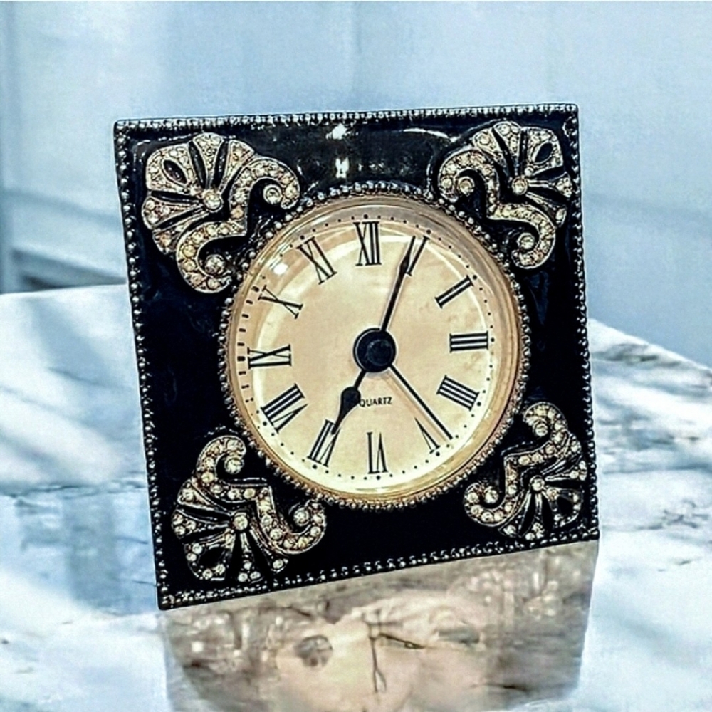 Vintage 3" Black Eamel CZ Accent Table Clock Bedside Decor Style of 'Brighton'